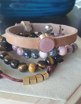 Bracelet set gemstones Lovely|Leather bracelet|Tiger&#039;s Eye Rhodonite