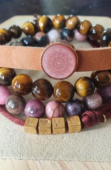 Bracelet set gemstones Lovely|Leather bracelet|Tiger&#039;s Eye Rhodonite