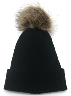 Warm women&#039;s beanie Winter Happiness|Black|Knitted hat|faux fur pompon