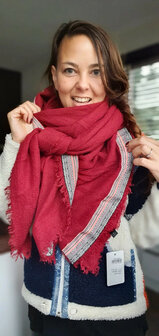 Square women&#039;s scarf Colourful Rows|Square shawl|Red|Aztec border