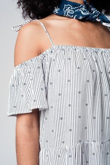 Scarfz midi jurk marineblauwe strepen off shoulder look