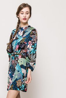 Scarfz midi jurk bloemen vogel blauw roze