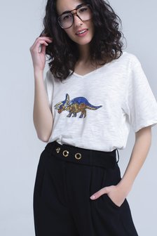 Wit shirt met dinosaurus|Glitter|Pailetten