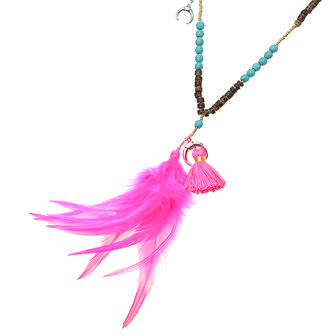 Necklace Fly with Feathers|Beads|Boho ethnic|Pink blue