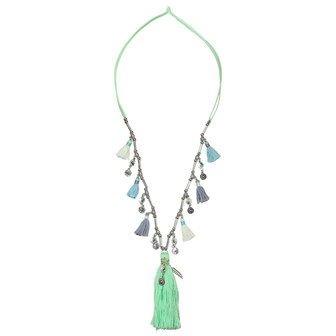 Ketting Big Tassels & Coins|Kralenketting|Boho etnic|Groen zilver grijs