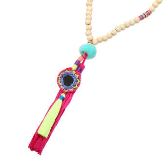 Houten kralen Ketting Mexican Vibes|Boho etnic|Roze geel groen