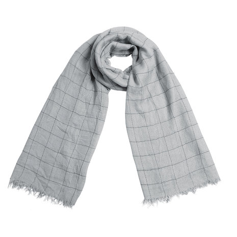 Luchtige sjaal Block Print|Warme unisex shawl|Licht grijs| Geblokt Geruit|Fijne franjes