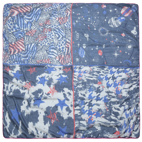 Grote vierkante dames sjaal Happy Stars|Vierkante shawl|Sterrenprint|Blauw roze beige