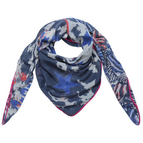 Grote vierkante dames sjaal Happy Stars|Vierkante shawl|Sterrenprint|Blauw roze beige