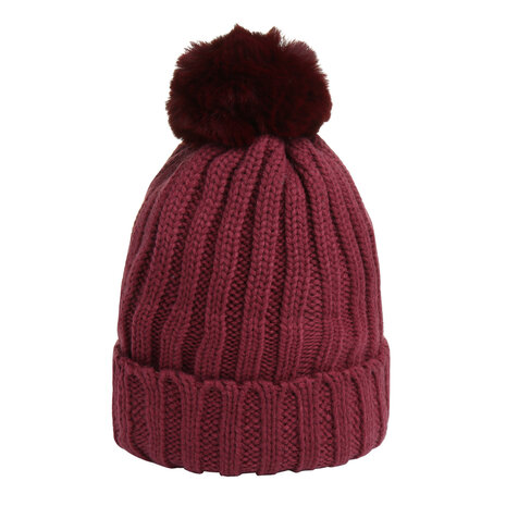 Warme dames muts Unicolor|Bordeaux rood|Gebreide beanie|Nepbont pompom