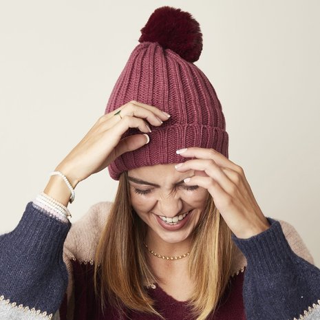 Warm women's beanie Unicolor|Burgundy Red|Knitted hat|faux fur pompon