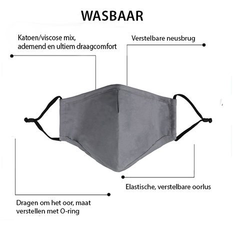 Effen grijs mondmasker Gris|Katoen mondkapje|Herbruikbaar|Excl filters