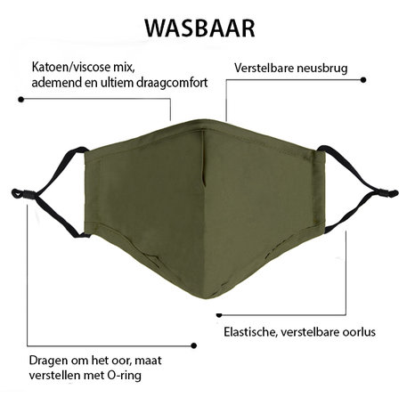 Olijfgroen mondmasker Stylish|Katoen mondkapje|Wasbaar|Excl. filters