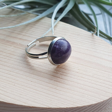 Amethyst ring|Cabochon women's ring|Adjustable size|Silver colored