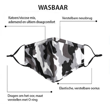 Grijs Camo mondmasker kinderen|Katoen mondkapje|Wasbaar|Excl. filters