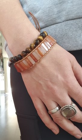 Armbandenset edelsteen set Boho Me|Leren armband|Carneool Tijgeroog