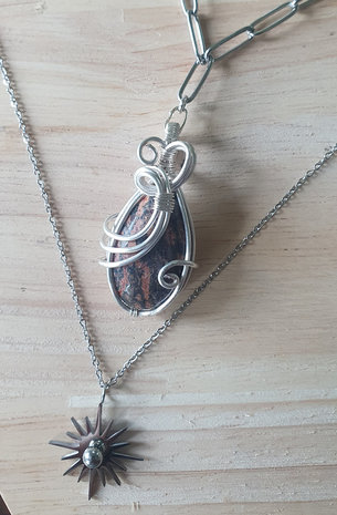 Rhodochrosiet wire wrapping ketting|Edelsteen sieraad|Zilverkleurig