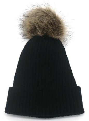 Warm women's beanie Winter Happiness|Black|Knitted hat|faux fur pompon