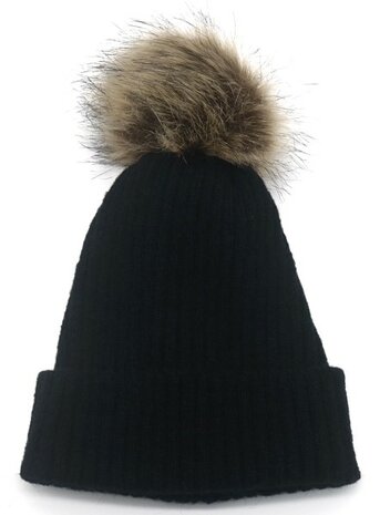 Warme dames muts Winter Happiness|Zwart|Gebreide beanie|Nepbont pompom