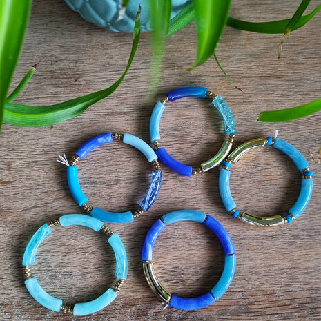 Set tube armbanden blauw turquoise|5 stuks|Elastische armbanden