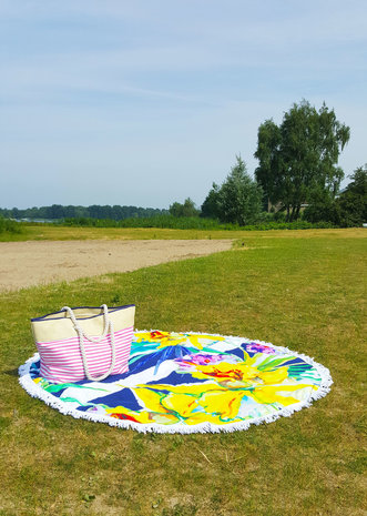 Beach roundie Orchids|Microfiber|Thick quality|Ibiza style beach towel|Yellow blue green|Flower prin