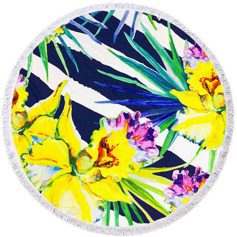 Scarfz Orchid rond strandlaken gele bloem blauwe strepen