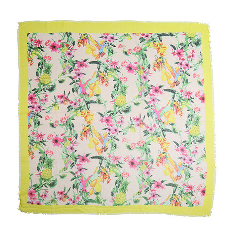 Vierkante dames sjaal Botanic Paradise geel roze groen bloemenprint