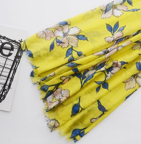 Lange dames sjaal Spring Blossom|Lange shawl|Geel blauw roze|bloemenprint