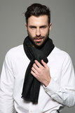 Men's scarf Houndstooth dot|Warm men shawl|Black|Dots houndstooth tartan|Frayed_