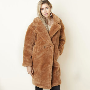 Faux fur jas Teddy, maat M|Bruine mantel|Oversized imitatiebont jas